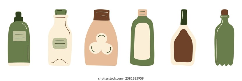 Abstract bottles products set. Drinks, juice in package, oil, milk, sauce from supermarket or farmer market in zero-waste packaging for eco-friendly design. Vector illustration in organic flat style.