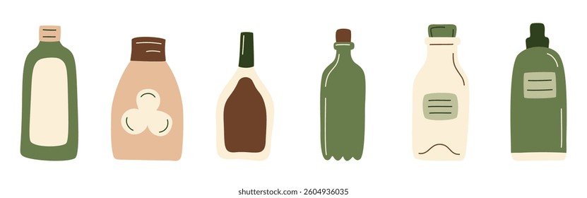 Abstract bottles products set, drinks, milk, juice in package, oil, sauce from supermarket or farmer market in zero-waste packaging for eco-friendly design. Vector illustration in organic flat style.