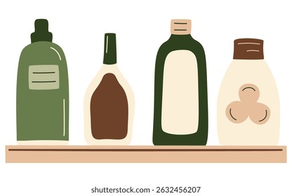 Abstract bottles products set, drinks, milk, juice in package, oil, sauce on shelf in a row from supermarket. Zero-waste packaging for eco-friendly design. Vector illustration in organic flat style.