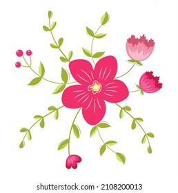 Abstract bouquet of flowers. Folk floral ornament. Decorative background pattern. Flowers of folk art. Flowers and leaves. Flat cartoon clipart. Simple vector illustration for spring-summer. Vintage.