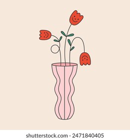 Abstract bouquet of flowers in a vase. Geometric tulips decoration. Naive art, retro groovy design. Funky plants vector illustration