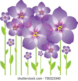 Abstract bouquet, purple blooming flowers on white background