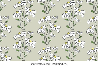 Bouquets abstratos de margaridas em um fundo verde claro. Padrão contínuo com ícones florais em tons pastel e contornos pretos. Conjunto de margaridas brancas. Impressão de verão para tecidos, têxteis domésticos