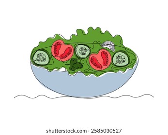 abstract bowl of fresh salad with tomatoes, cucumbers, and herbs, continuous single one line art hand drawing sketch logo