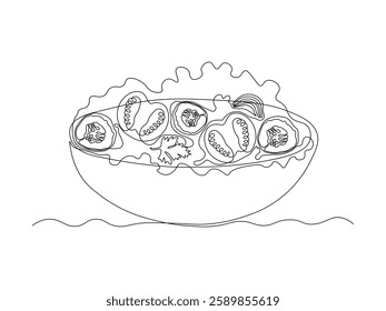 abstract bowl of fresh salad with tomatoes, cucumbers, and herbs, continuous single one line art hand drawing sketch logo