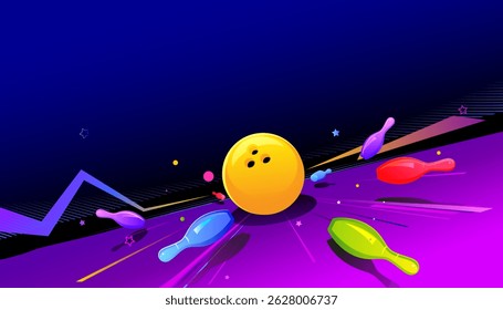 Abstract bowling background with glowing colors neon lights design. 
