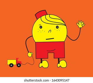 Abstract boy doodle personage of yellow color with red hat. Looks like it was made on a basis of plastic bottle or round smile.  For food or kids markets.   vector format.