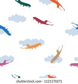 Abstract boy seamless pattern colorful Airplane silhouette, blue cloud on white background, illustration travel concept. Flying multicolor plane in sky simple ornamental print kid room vector eps 10