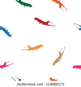 Abstract boys seamless pattern colorful Airplane silhouette on white background, illustration travel concept. Flying multicolors plane in sky simple ornamental print kid room wallpaper, vector, eps 10