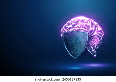 Cerebro Abstractas detrás del escudo protector. Concepto de medicina, enfermedad y tratamiento. Estilo bajo en poli. Fondo geométrico azul. Estructura de conexión de malla. Gráfico 3D moderno. Vector