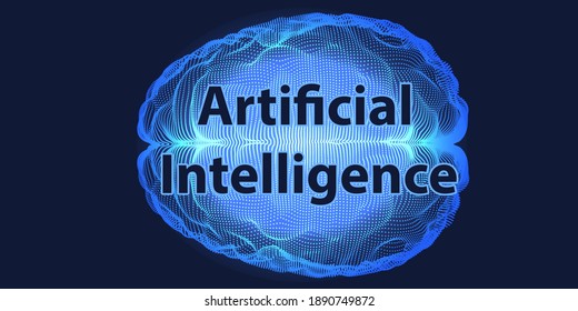 Abstract brain with blue particles on dark background. Artificial intelligence. Science and technology neural network concept. Vector illustration.