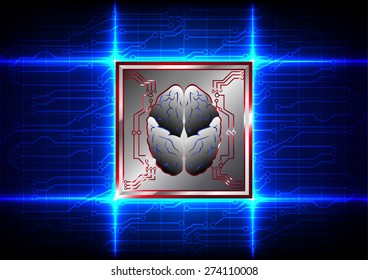 Abstract brain with circuit board technology on blue color background