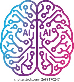Abstract brain circuit board with A I text gradient blue to purple artificial intelligence technology
