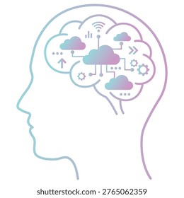 Abstract brain with cloud technology and data flow icons in gradient colors