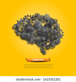 Abstract brain combined from black gears and cogs plus chain on yellow background