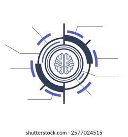 Abstract brain design within a circular tech interface, minimalist style, white background, concept of artificial intelligence