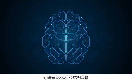 Abstract brain form electronic circuits lines pattern. Point connecting network on blue background