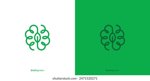 Abstract Brain Green Logo Design. Brain Tree Leaf Nature Concept wtih Line Art Outline Style. Brain Logo Icon Vector Illustration.