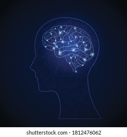 abstract brain idea low poly on blue dark background. Digital thinkings on head. Business idea and solution innovation. vector illustration in flat style modern design. 