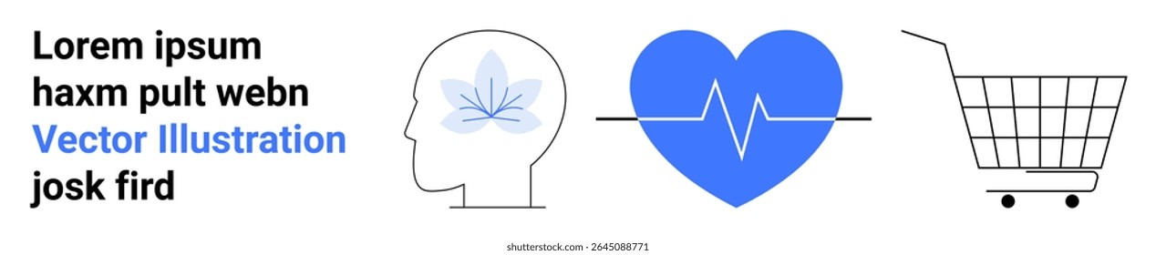 Cerebro Abstractas con hoja, corazón azul con línea EKG y Carrito de compras de estructura metálica. Ideal para salud mental, salud, bienestar, comercio electrónico, asesoramiento médico, vida holística, salud minorista. Anuncio