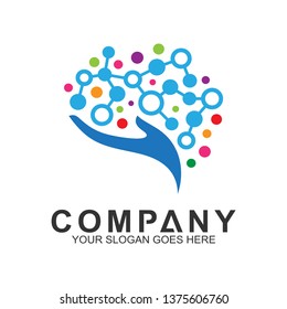 abstract brain logo,brain with hand shape and colorful connection dots