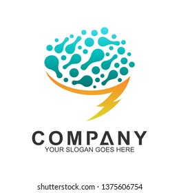 abstract brain logo,brain with thunder shape and molecule