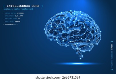 O cérebro abstrato é feito de nós brilhantes, linhas e polígonos em um estilo vetorial digital. Histórico de tecnologia futurista. Inteligência humana, ciência, rede médica, dados e conceitos do sistema neural.