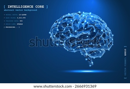Abstract brain made of glowing nodes, lines, and polygons in a digital vector style. Futuristic technology background. Human intelligence, science, medical network, data and neural system concepts.