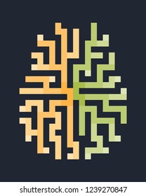 Abstract brain maze. Colorful brain halves. Digital brain logotype.