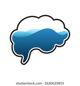 Abstract brain shape filled with blue water waves, symbolizing creativity, mental flow, and calm thinking. Vector illustration on white background.