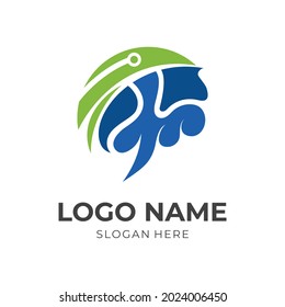 abstract brain tech logo design with flat blue and green color style