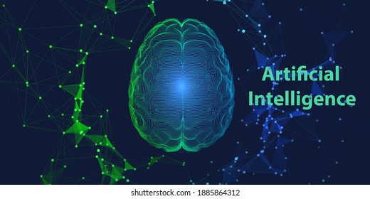 Abstract brain in virtual  grid on dark background. Artificial intelligence. Science and technology neural network concept. Vector illustration.