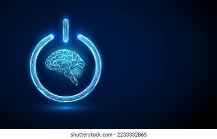 Abstract brains in blue power button. Low poly style design. Geometric background. Wireframe light connection structure. Modern 3d graphic. Vector illustration.