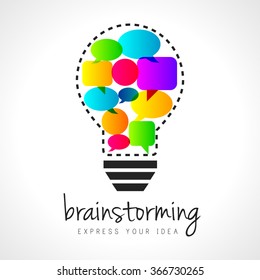 Abstract brainstorming illustration with lightbulb and colorful speech bubbles inside