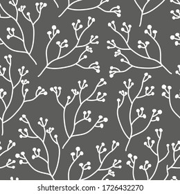 Abstract branch with berry seamless pattern. Limitless dark background with white floral flat cartoon elements, nature sign. Repeat ornament for paper wrap, fabric, print berry. Vector illustration