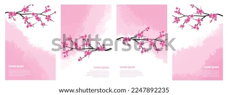 Abstract branch of cherry blossom flower on pink watercolour background cover design. Vector illustration. 