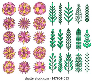 Abstract branch leaves nature and flower set collection hand drawn. Ethnic ornament, floral print, textile fabric, botanical element. Vintage retro style. 