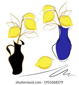 Abstract branch of lemon with leaves in vase. Outline doodle, cartoon flat style. Vector illustration.