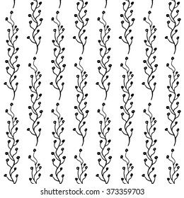 Abstract branch pattern with hand drawn branches. Cute vector black and white branch pattern. Seamless monochrome branch pattern for fabric, wallpapers, wrapping paper, cards and web backgrounds.