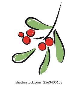 Abstract branch with red berries isolated on white background. Hand drawn foliage illustration in sketch style.	