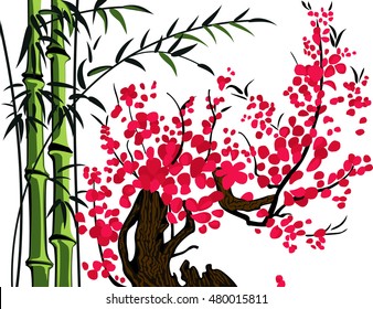 abstract branches of bamboo, cherry tree isolated on the white background.