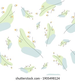 Abstract branches with berries scattered on white background. Seamless pattern. Flat, simple and minimal. Great for wrapping, packaging, design for kids, interior or any other. Muted colors.