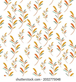 Abstract branches, leaves. Background or print for greeting cards, textiles or wrappers. Seamless pattern, vector in a flat style, with decorative flowers on a white background.