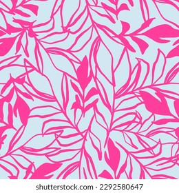 Abstract branches and leaves seamless repeat pattern. Random placed, botanical vector elements all over surface print on light blue background.