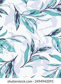 Abstract branches and leaves seamless repeat pattern. Random placed, botanical vector elements all over surface print on light blue background