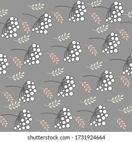 Abstract branches of rowan berries on a gray background. Floral flat seamless pattern  with simple abstract berries. Texture for design wall, paper, ceramic, tile, fabric and textile. 