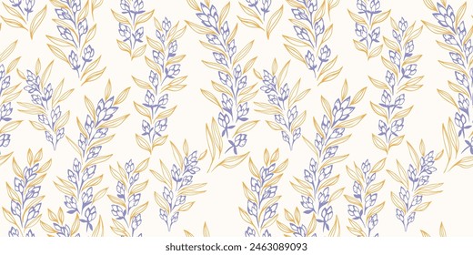 Abstract branches with tiny flowers, buds and small leaves intertwined in a seamless pattern.  Simple summer printing with creative wild floral stems on a light background. Vector hand drawing sketch.