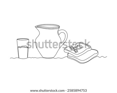 Abstract bread toasts, breakfast sandwiches, jug, pitcher for milk, water,juice, continuous single one line art hand drawing sketch logo