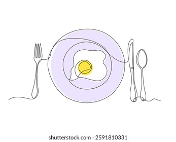 Abstract breakfast with fried eggs on a plate, continuous single one line art hand drawing sketch logo 
