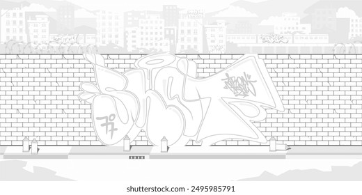 Abstract Brick Wall With Street Art Graffiti Drawing Coloring Page With Background Of The Cityscape